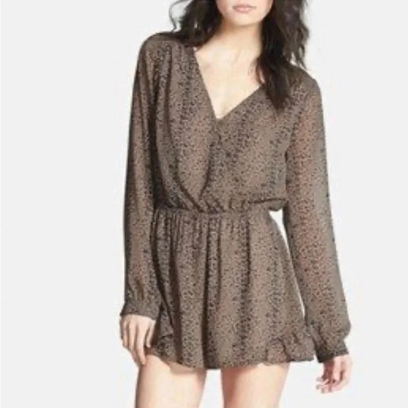 ASTR Leopard Print Crossover Ruffled Long Sleeve Romper - Picture 2 of 9